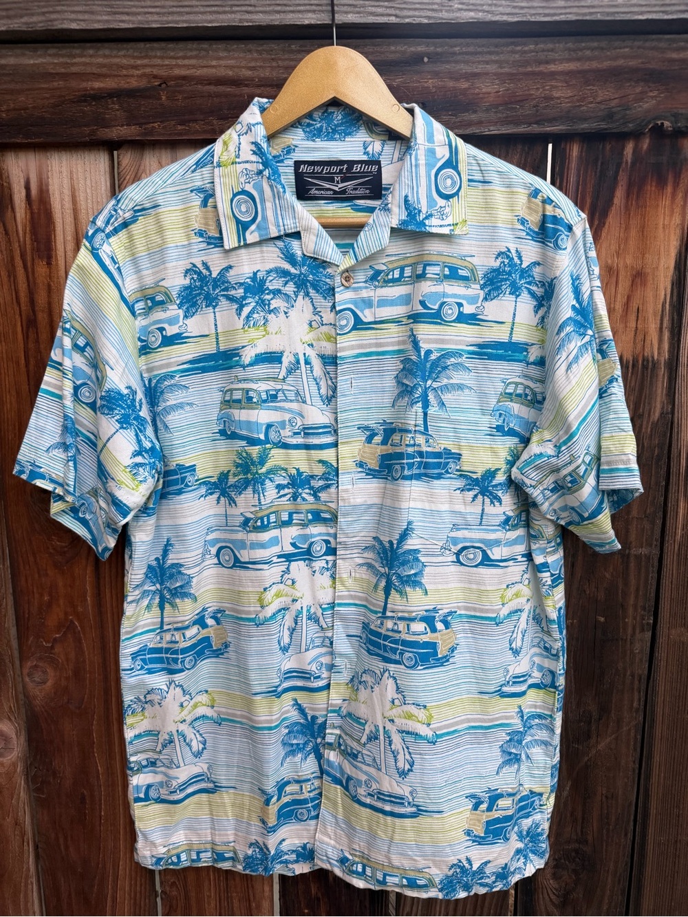 Vintage Newport Blue Hawaiian Shirt - Woody Wagons & Palms